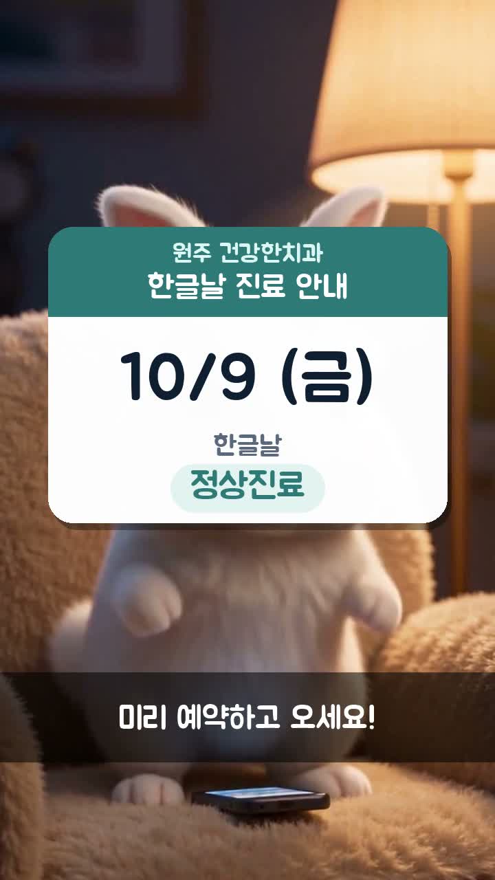 한글날 정상진료 안내 카드를 보여주는 건치
