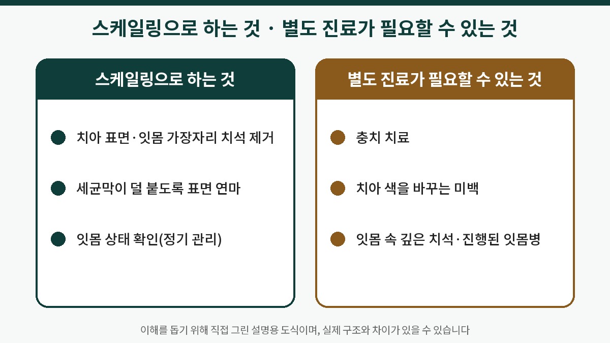 스케일링으로 하는 것과 별도 진료가 필요할 수 있는 것을 나눈 표